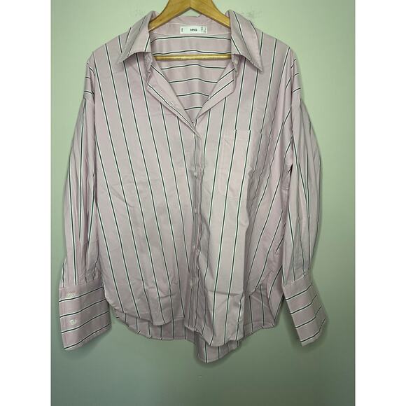 MANGO MNG Pink Gray Button Down Long Sleeve Shirt Stretch Size 10 Collar Pocket - Picture 2 of 9